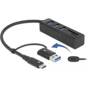 Delock 3 Port USB 3.2 Gen 1 Hub + SD und Micro SD Card Reader mit USB Type-C oder USB Typ-A Anschluss